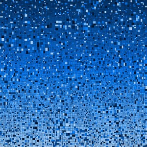 Könnte beinhalten: Abstrakte digitale Kunst mit einem Farbverlauf aus blauen Quadraten. Die Quadrate variieren in Größe und Farbton und erzeugen einen pixeligen Effekt, der von dunkel nach hell verläuft. Das Gesamtthema ist ein modernes, geometrisches Design.