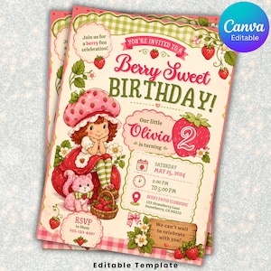 May include: A birthday invitation template featuring a strawberry theme with a girl in a strawberry hat, a pink kitten, and text reading Berry Sweet BIRTHDAY, Our little Olivia is turning 2, Saturday May 25, 2024, 2:00 PM to 5:00 PM.