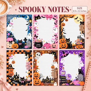May include: Six rectangular sheets of lined stationery titled Spooky Notes, measuring 8.5 x 11 inches. Each sheet features Halloween-themed illustrations including ghosts, black cats, pumpkins, cauldrons, and bats in various color palettes.
