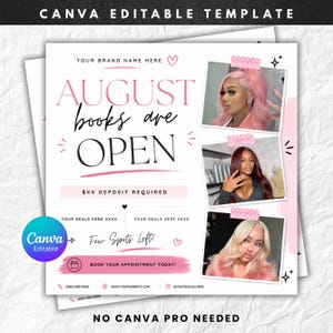 August Booking Flyer, Bookings Are Now Open Flyer Canva Template, Beauty Salon Promo Flyer, Lash Tech Booking Post, Hair Stylist Marketing