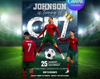 Invito di compleanno di Ronaldo, invito CR7, invito Ronaldo modificabile, invito di calcio, modello Canva, download immediato, qualsiasi età