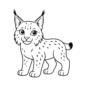 Könnte beinhalten: Eine schwarz-weiße Strichzeichnung eines Luchswelpen, der im Profil steht. Der Luchs hat große, spitze Ohren mit Pinselhaaren, große Augen, einen kurzen Schwanz und ein Fell mit kleinen Punkten, dargestellt in einem einfachen Cartoon-Stil.