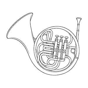 Puede incluir: Una ilustración de arte lineal en blanco y negro de una trompa. El instrumento musical presenta una campana grande y ensanchada, un cuerpo circular con tubos enroscados complejos, tres válvulas verticales y una boquilla delgada.