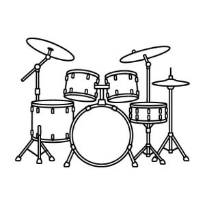 Puede incluir: Una ilustración de arte lineal en blanco y negro de una batería. El conjunto incluye un bombo, una caja, dos toms aéreos, un tom de piso y tres platillos sobre soportes. El diseño presenta contornos limpios y marcados sobre un fondo blanco.