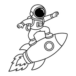 May include: A black and white line art illustration of an astronaut in a space suit standing on top of a rocket ship. The rocket is angled upwards with flames exiting the rear thrusters. The astronaut has arms outstretched and a dark visor.