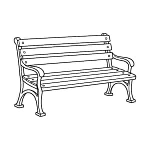 May include: A black and white line art illustration of a park bench. The bench features a slatted backrest with three horizontal planks, a slatted seat, curved armrests, and four legs with decorative feet. The design is simple and clean.