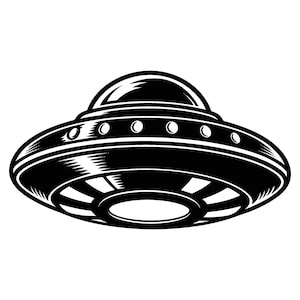 May include: A black and white graphic illustration of a flying saucer. The spacecraft features a domed top, a central ring with a series of small circular portholes, and a wide, flat base with a large circular opening in the center.