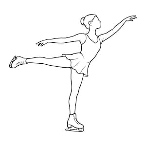 May include: A black and white line art illustration of a figure skater performing an arabesque. The skater wears a simple dress and skates, with one leg extended horizontally and arms outstretched in a graceful, balanced pose on the ice.