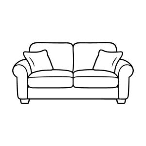 May include: A black and white line drawing of a two-seater sofa. The sofa features two back cushions, two seat cushions, rounded armrests, and two square throw pillows placed on the seat. The design is rendered in simple, clean black outlines.