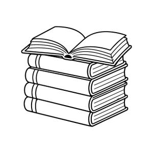Puede incluir: Una ilustración de arte lineal en blanco y negro de una pila de cuatro libros rectangulares. Los tres libros inferiores están cerrados y apilados ordenadamente, mientras que el libro superior está abierto, mostrando páginas en blanco con líneas.