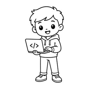 Pode incluir: Uma ilustração de arte linear a preto e branco de uma pessoa de cabelo curto a usar uma camisola com capuz e calças, de pé enquanto segura um portátil. O ecrã do portátil apresenta um símbolo de código com uma barra entre dois parênteses angulares.
