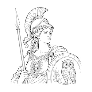 May include: A black and white line art illustration of a figure wearing a crested helmet and armor with a Gorgon emblem on the chest. The figure holds a tall spear in one hand and carries a round shield featuring an owl and a leafy branch.