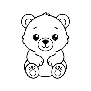 Puede incluir: Una ilustración de arte lineal en blanco y negro de un osezno sentado. El oso tiene orejas grandes y redondas, ojos anchos con reflejos, una nariz pequeña y una boca sonriente. Las patas son visibles en la parte inferior con tres almohadillas.