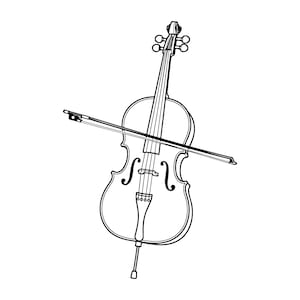 May include: A black and white line art illustration of a cello with a bow positioned horizontally across the strings. The instrument features a scroll, tuning pegs, f-holes, a bridge, a tailpiece, and an endpin extending from the bottom base.