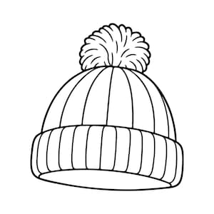 May include: A black and white line art illustration of a beanie hat. The hat features a ribbed knit pattern on the folded cuff and the main body, topped with a large, round pom-pom. The design is rendered with bold, clean outlines.