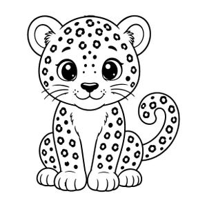 May include: A black and white line art illustration of a seated baby leopard with large eyes, a small nose, and a smiling mouth. The leopard features a spotted coat pattern, rounded ears, and a curled tail, presented in a simple cartoon style.