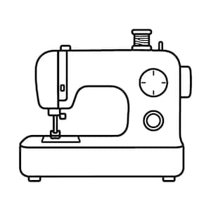 Puede incluir: Una ilustración de arte lineal en blanco y negro de una máquina de coser. La máquina presenta un carrete de hilo en la parte superior, una barra de aguja, un prensatelas, un dial circular y un botón circular más pequeño en el frente.