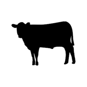 May include: A black silhouette of a cow standing on four legs, facing left. The cow has a rounded body, a small head with ears, and a short tail. The image is a simple, graphic representation of a farm animal.
