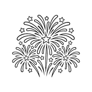May include: A black and white line art illustration of three bursting fireworks displays. Each firework features a central star shape with radiating curved lines representing light trails, surrounded by several small scattered star icons.