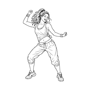 May include: A black and white line art illustration of a person with long wavy hair tied in a ponytail, wearing a sleeveless tank top tied at the side, loose-fitting drawstring sweatpants, wristbands, and athletic trainers, captured in a dance pose.