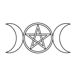 May include: A black and white line art graphic featuring a central pentagram enclosed within a circle, flanked on both sides by a crescent moon. The design uses clean, bold black outlines against a plain white background to form the triple moon symbol.