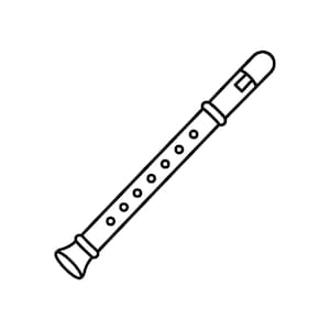 May include: A black and white line art illustration of a recorder musical instrument. The design features a cylindrical body with a mouthpiece at the top, a series of seven circular finger holes along the centre, and a flared bell at the base.