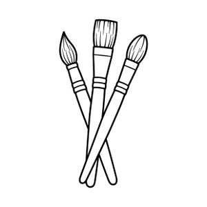 May include: A black and white line art illustration of three paintbrushes arranged in a cluster. Each brush features a distinct tip shape, including a pointed round tip, a flat square tip, and a rounded oval tip, all with visible ferrule details.