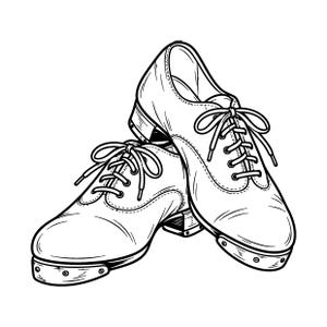 Puede incluir: Un par de zapatos de claqué en dibujo de línea en blanco y negro con cierre de cordones, tacón bajo y una placa de metal fijada en la puntera y el talón. La ilustración muestra los zapatos desde un ángulo frontal con cordones y costuras.