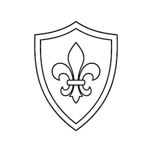 Puede incluir: Una ilustración de arte lineal en blanco y negro de un escudo puntiagudo con un símbolo de flor de lis centrado. El diseño consiste en contornos limpios y marcados sobre un fondo liso, mostrando la forma simétrica del escudo y el emblema.