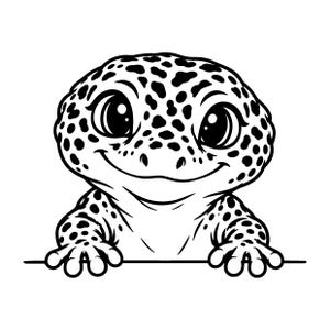 Puede incluir: Una ilustración de arte lineal en blanco y negro de un gecko leopardo con ojos grandes y expresivos y un patrón de manchas. El gecko se muestra desde el pecho hacia arriba, apoyando sus patas delanteras sobre una línea horizontal.
