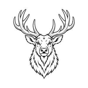 May include: A black and white graphic illustration of a deer head featuring large, detailed antlers. The design uses bold lines to define the facial features, fur texture, and the symmetrical shape of the antlers against a plain white background.