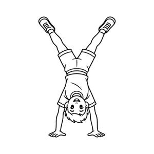 以下が含まれることがあります： 逆立ちをしている人物の白黒の線画イラスト。半袖のTシャツ、ショートパンツ、スニーカーを着用しており、脚をV字型に広げ、両腕で体を支えている様子が描かれています。