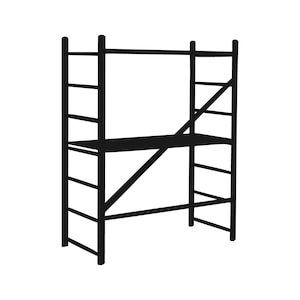 Pode incluir: Andaime de metal preto com uma prateleira e laterais em forma de escada. A estrutura é projetada para suporte e acesso, com uma prateleira horizontal para colocar itens. O design é simples e funcional.