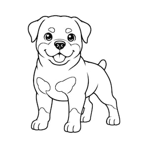 May include: A black and white line art illustration of a puppy with floppy ears, large eyes, and a small tail. The dog is standing in a forward-facing position with its mouth slightly open, showing its tongue, and has distinct markings on its chest.