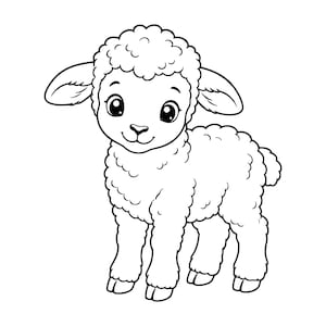 Può includere: Un'illustrazione in bianco e nero a tratto di un giovane agnello con lana riccia, grandi occhi espressivi e orecchie pendenti. Il disegno presenta contorni netti e decisi e un design semplice dell'animale in piedi.