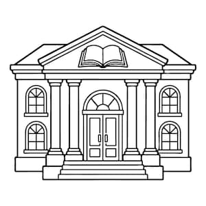 May include: A black and white line art illustration of a building with a triangular pediment, four columns, and a central double door. An open book icon is centered on the pediment above the entrance, flanked by four arched windows.