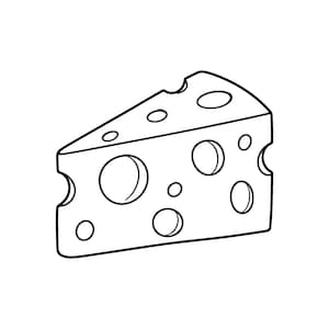 Könnte beinhalten: Eine schwarz-weiße Strichzeichnung eines dreieckigen Stücks Schweizer Käse. Der Käse weist eine Vielzahl kreisförmiger Löcher unterschiedlicher Größe auf, die über die Oberfläche verteilt sind und mit klaren, kräftigen Linien dargestellt werden.