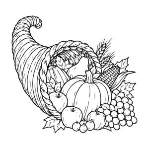 May include: A black and white line art illustration of a cornucopia overflowing with harvest produce. The horn-shaped basket contains a large pumpkin, apples, a pear, a cluster of grapes, an ear of corn, wheat stalks, and maple leaves.