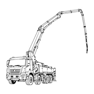 Può includere: Un'illustrazione a linee bianche e nere di un camion pompa per calcestruzzo. Il veicolo presenta un braccio articolato a più sezioni esteso verso l'alto e verso l'esterno, che termina con un tubo flessibile. Il camion ha quattro assi.