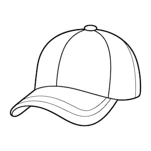 Könnte beinhalten: Eine schwarz-weiße Strichzeichnung einer Baseballkappe. Die Kappe verfügt über eine abgerundete Krone mit sechs Paneelen, einen Knopf in der oberen Mitte und einen geschwungenen Schirm, der sich nach vorne erstreckt. Das Design verwendet einfache Umrisse.