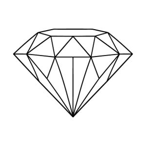 Puede incluir: Un dibujo lineal en blanco y negro de un diamante con un corte brillante redondo clásico. La ilustración presenta un patrón geométrico simétrico de facetas que forman una base puntiaguda y una parte superior plana, trazado con contornos negros limpios.