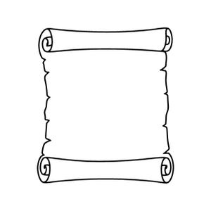 Op de afbeelding: Een zwart-witte lijntekening van een lege boekrol met opgerolde uiteinden aan de boven- en onderkant. Het papier heeft een gekartelde, onregelmatige rand aan beide zijden, wat een textuur geeft aan dit rechthoekige documentsjabloon.
