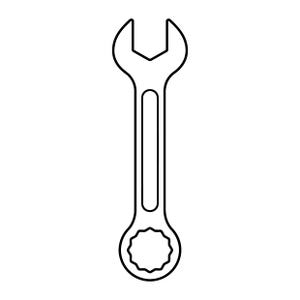 Op de afbeelding: Een zwart-wit lijntekening van een steek-ringsleutel. Het gereedschap heeft een open steekkop aan de bovenkant en een twaalfkantige ringkop aan de onderkant, verbonden door een centrale schacht met een lange, smalle, uitgespaarde opening.