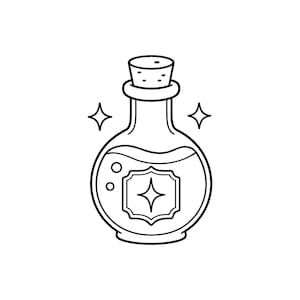 Puede incluir: Una ilustración de arte lineal en blanco y negro de una botella de vidrio redonda con tapón de corcho. La botella contiene líquido con dos burbujas visibles y presenta una etiqueta central en forma de escudo con una estrella de cuatro puntas.