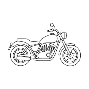 May include: A black and white line art illustration of a motorcycle shown from the side profile. The vehicle features a fuel tank, a single seat, a round headlight, handlebars with a mirror, a visible engine block with cooling fins, and two wheels.