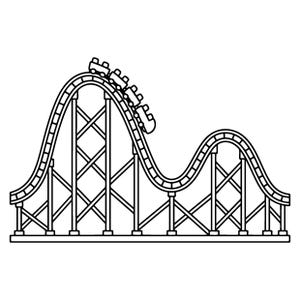 Puede incluir: Una ilustración de arte lineal en blanco y negro de una pista de montaña rusa con un tren de vagones descendiendo desde el pico más alto. La estructura presenta una serie de vigas de soporte en patrón cruzado bajo la vía curva.