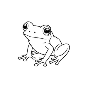 May include: A black and white line art illustration of a frog with large, round eyes, a smooth back, and webbed feet. The drawing features clean, bold outlines against a plain background, capturing the amphibian in a seated position.