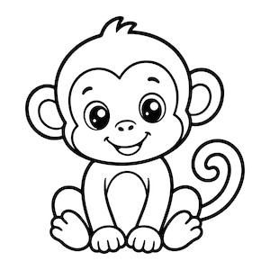 May include: A black and white line art illustration of a seated baby monkey with large, expressive eyes, rounded ears, and a curled tail. The character features a simple, clean outline design, showcasing a smiling face and a small tuft of hair on top of its head, presented against a plain white background.