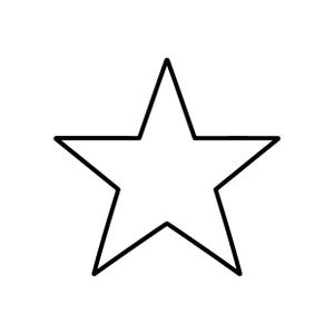 Può includere: Una semplice stella a cinque punte rappresentata come un netto contorno nero su uno sfondo bianco uniforme. La stella presenta punte affilate e simmetriche con un centro vuoto, creando un'icona grafica audace con uno spessore di linea uniforme.