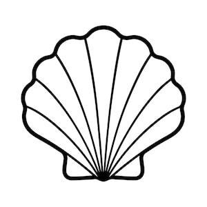 May include: A black and white line art illustration of a scallop shell. The design features a symmetrical fan shape with distinct radiating ridges that converge at the base, rendered in a clean, bold outline against a plain white background.